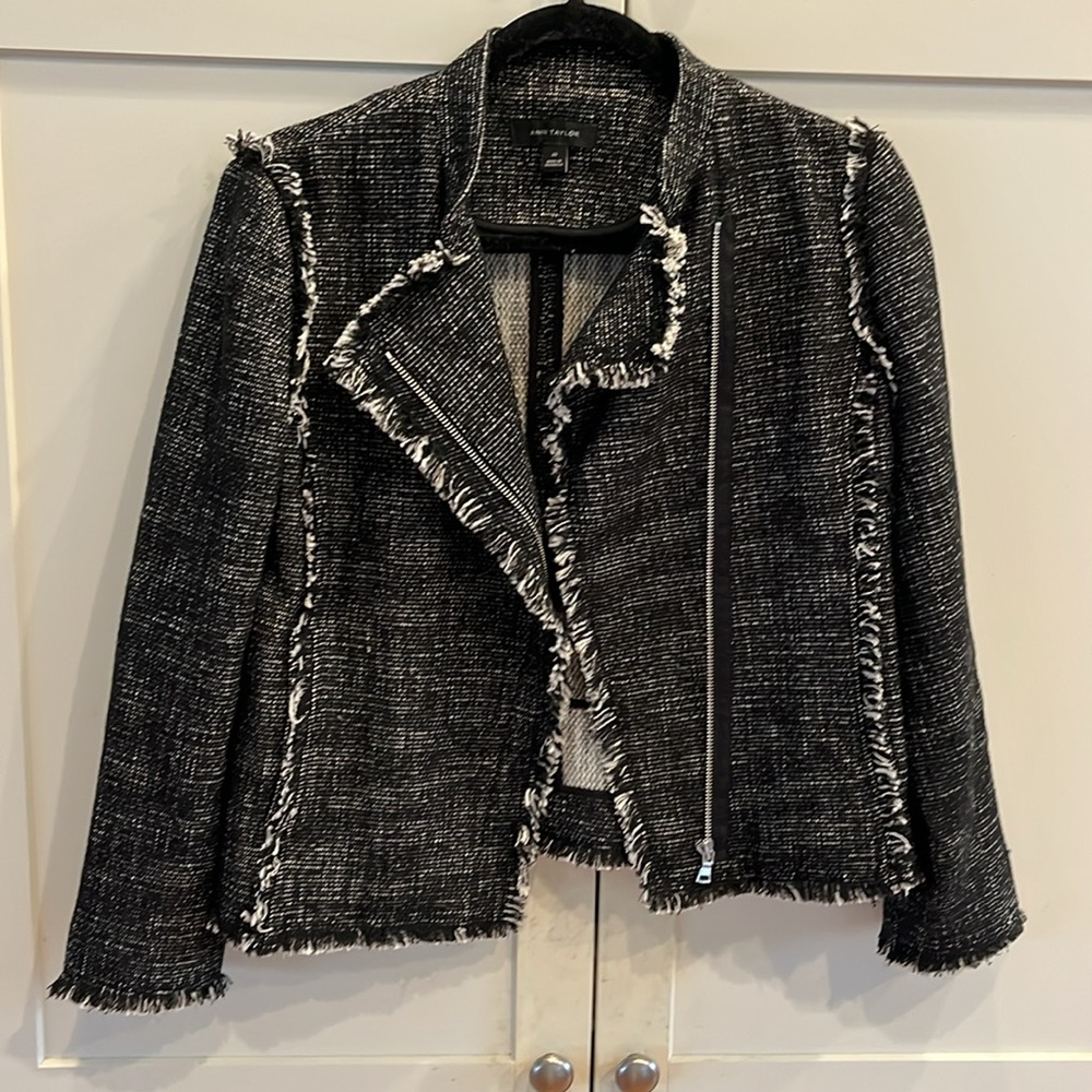 Ann Taylor Black & White Tweed Moto Jacket; Size XS